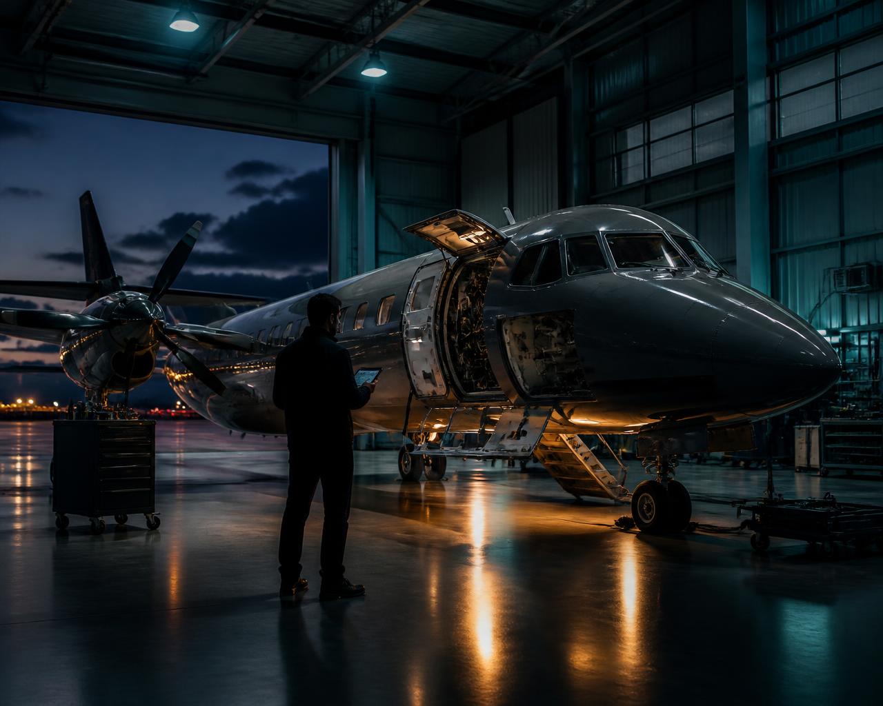 Aeronave em hangar durante inspeção de manutenção